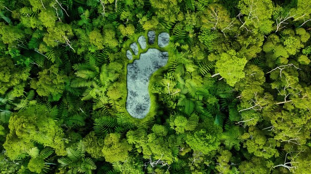 Photo top view of footprint in the green forest