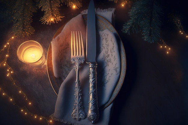 Top view of a fork and knife on a napkin with a tree for the new year and Christmas decorations