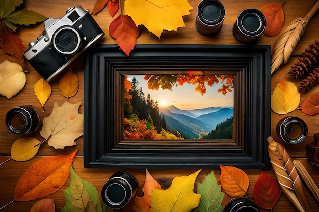 top view of of frame with camera and autumn leaves