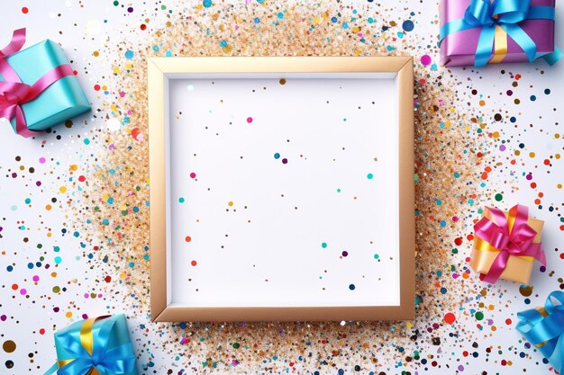 Photo top view frame with confetti and gift