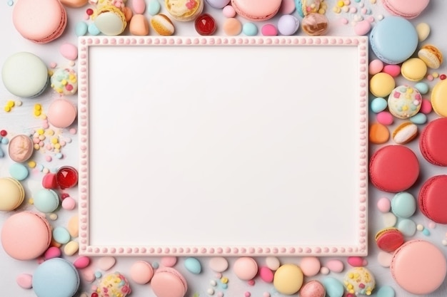 Foto quadro di vista superiore con spazio di copia decorato con dolci felicità di compleanno ai generativa