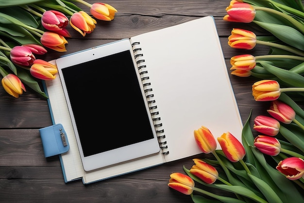 Top view frame with tulips and notebook