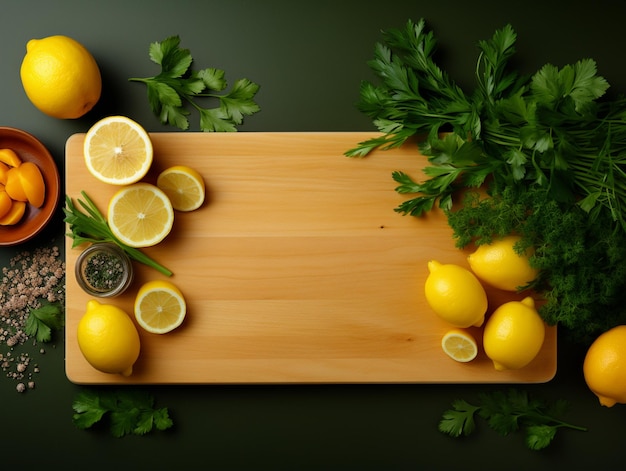 Top view Frame Yellow Fruit and vegetable material preparation for cooking around on the table wooden Empty space on center