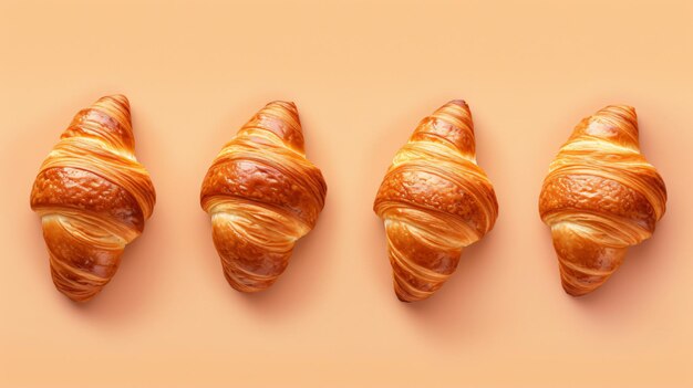 Top view of french croissant pastries on pastel background