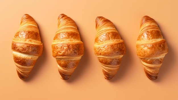 Top view of french croissant pastries on pastel background