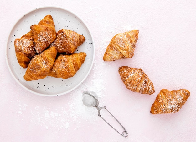 Top view french croissants with sugar w