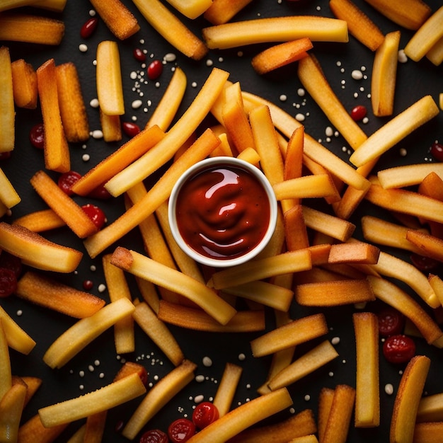 A top view french fries and sauce on wood table