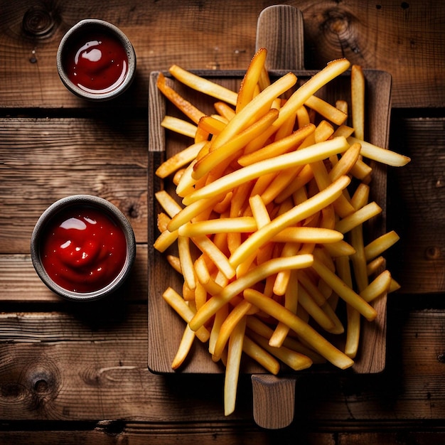 A top view french fries and sauce on wood table