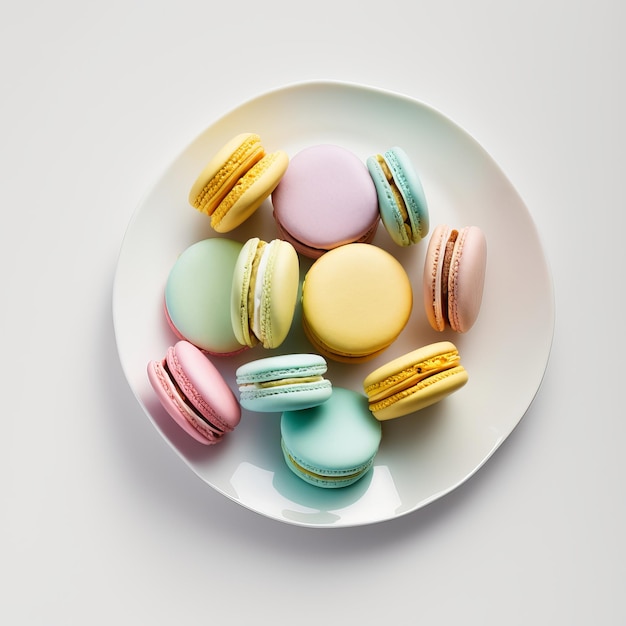 Photo top view french macaroons in a white plate