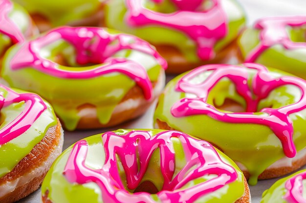 Top view of fresh baked donuts with bright pink and green icing