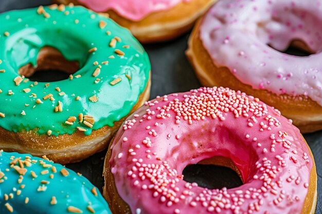 Top view of fresh baked donuts with bright pink and green icing