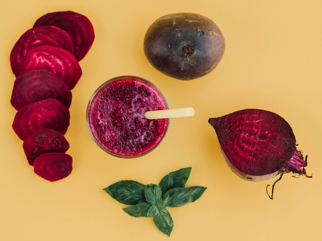 Top view fresh beetroot juice and slices