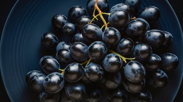 Top view fresh black grapes on dark blue