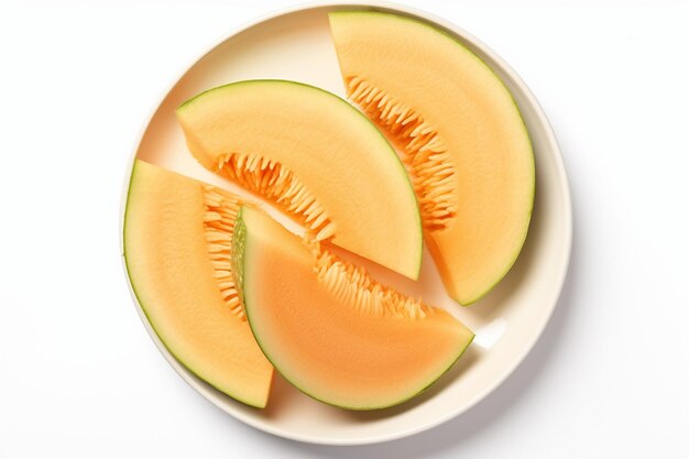 Photo top view of fresh and delicious cantaloupe melon slices on white wood with copy space