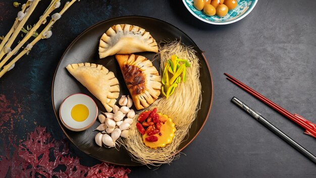 top view of fresh and delicious chinese Chuseok on a dark background