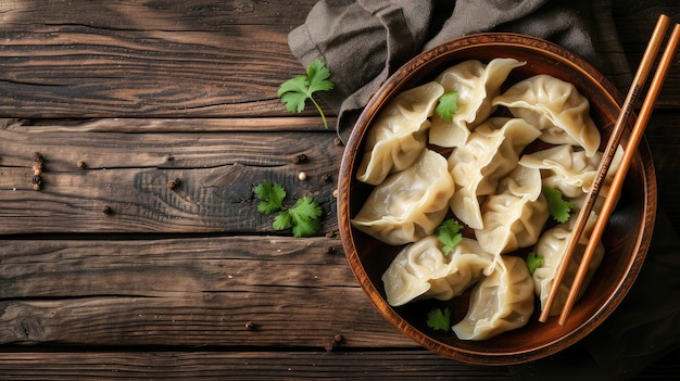 Top view fresh dumplings with hot steams on wood plate with chopsticks Chinese food on rustic old vintage wooden background