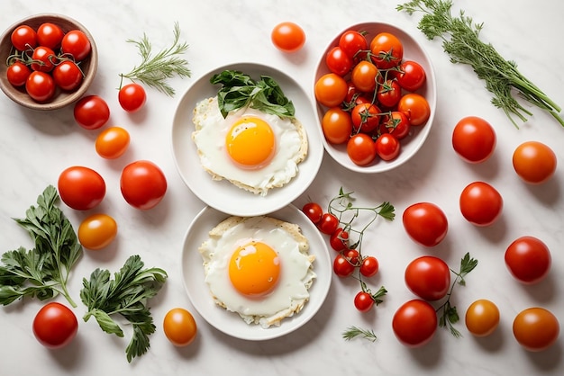 top view of fresh foods and spices vegetables for cooking on white table