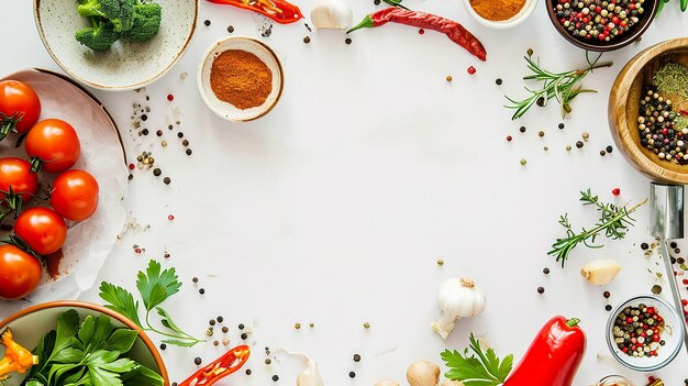 Top view of fresh foods and spices vegetables