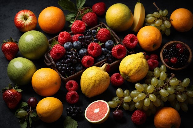 top view fresh fruits on dark background