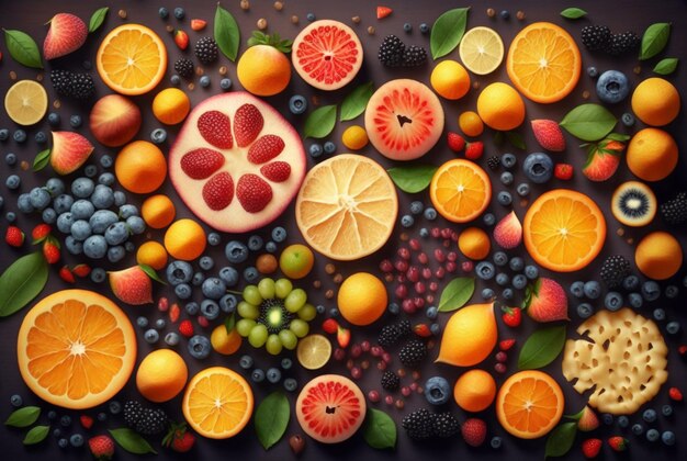 Top view of fresh fruits neatly arranged for background Generative AI