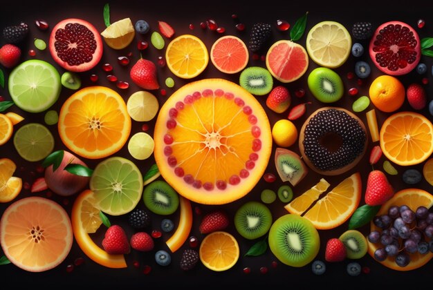 Top view of fresh fruits neatly arranged for background Generative AI