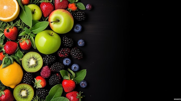 Top view of fresh fruits vegetables and berries on black background