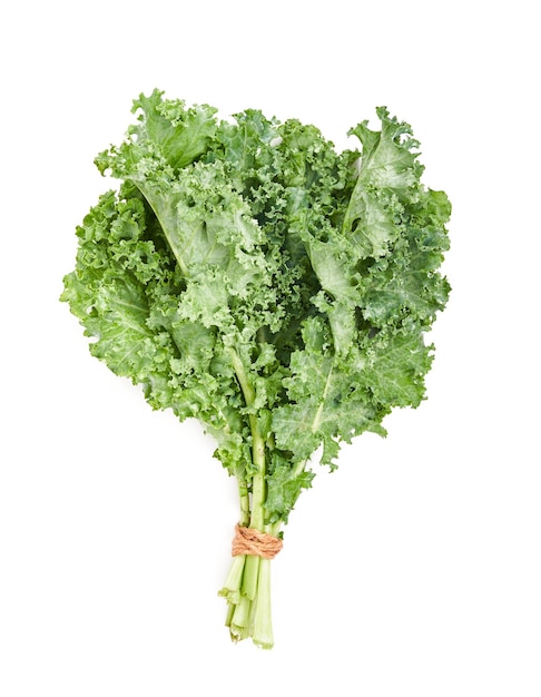 top view fresh green Kale leaves bunch leaf cabbage isolated on white background. green kale