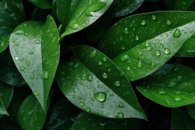 빗방울 텍스처가 있는 상위 뷰 신선한 녹색 잎