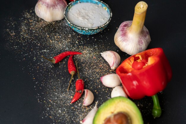 Top view of fresh guacamole ingredients, natural organic vegetables on the table, home cookings