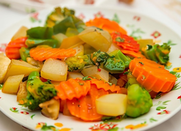 Top view of fresh and healthy vegetable salad on white background