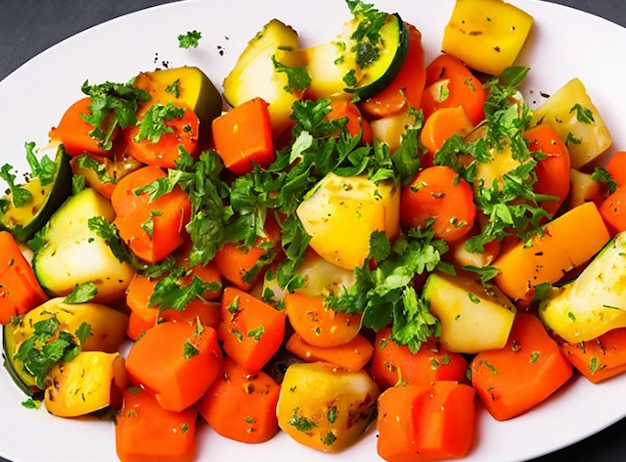 Top view of fresh and healthy vegetable salad on white background