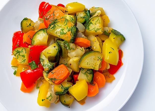 Top view of fresh and healthy vegetable salad on white background