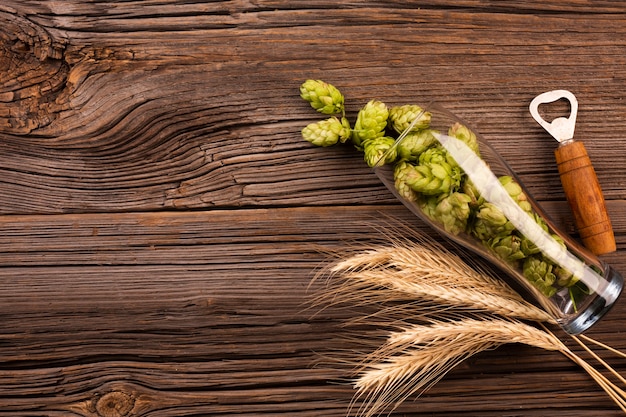 Top view fresh hops in a beer glas