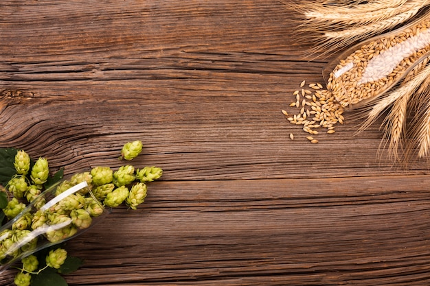 Photo top view fresh hops in a beer glas