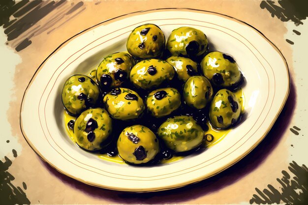 Top view of fresh marinated olives on a white platter with grunge in the background