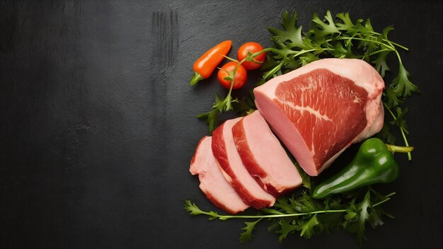 写真 トップビュー 新鮮な肉 スライス 生肉 ペッパー 緑色 黒い背景 肉 粉色 フー