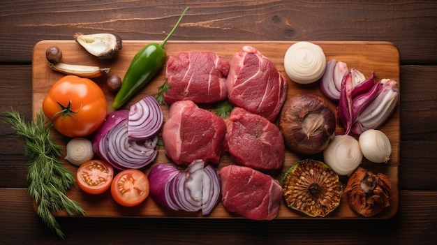 Foto vista dall'alto di carne e verdure fresche