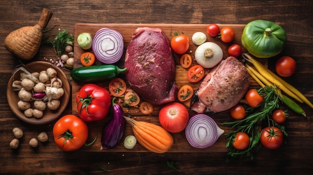 Foto vista dall'alto di carne e verdure fresche