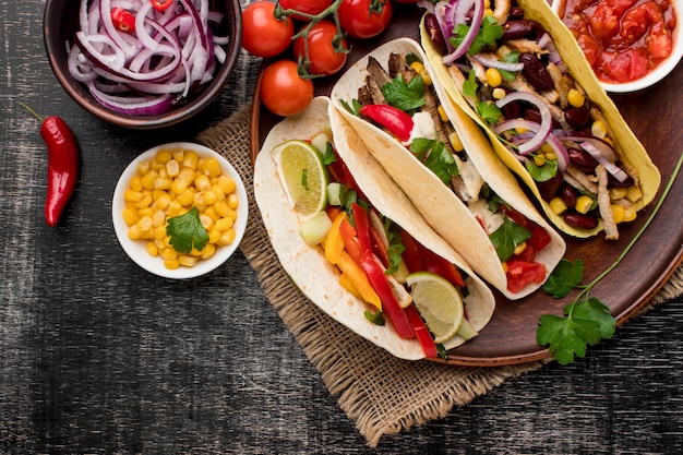 Top view fresh mexican food with corn