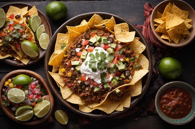 Top view fresh mexican food with nachos