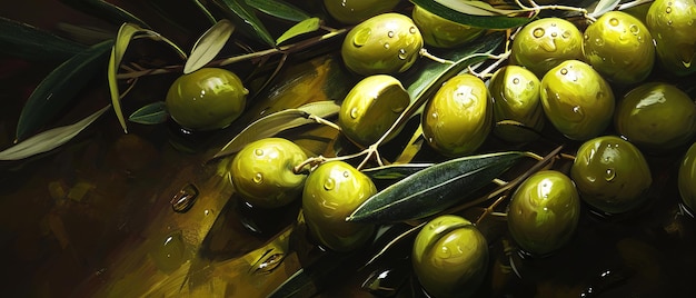 Top view of fresh and natural green olives in soft light and with oil spilled on top