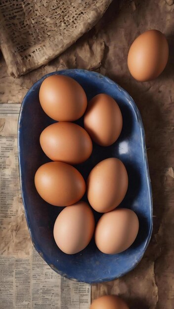 Top view of fresh organic poultry farm eggs inside and outside of blue plate on an old newspaper a n