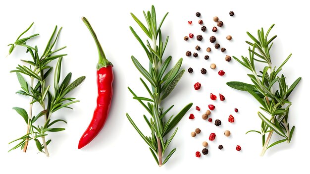 Photo top view of fresh organic rosemary and red chili pepper isolated on white background