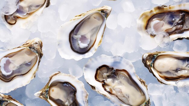 Top view on fresh oysters laying on crushed ice seafood background generative ai