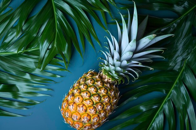 青い背景に熱帯の葉を持つ新鮮なパイナップルの上面図が AI を生成