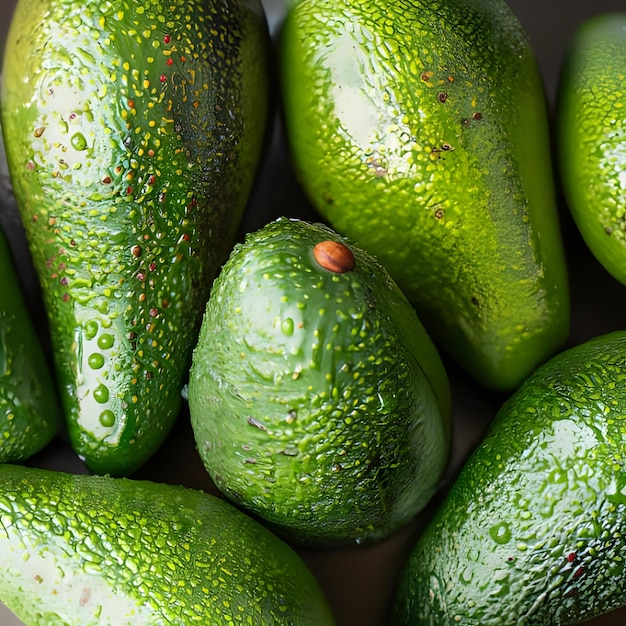 Top view fresh raw organic green avocados with water droplets