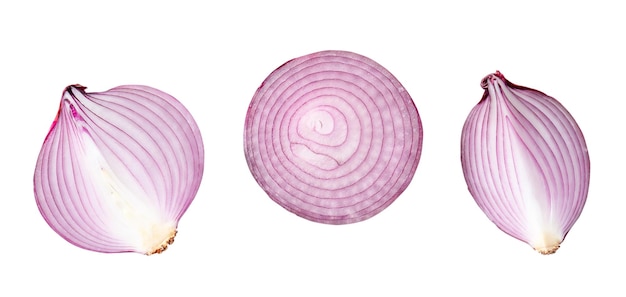 Top view of fresh red or purple onion halves and quarter in set is isolated on white background