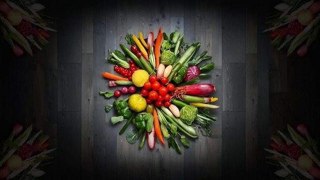 Foto vista superiore composizione di verdure fresche mature sul pavimento scuro