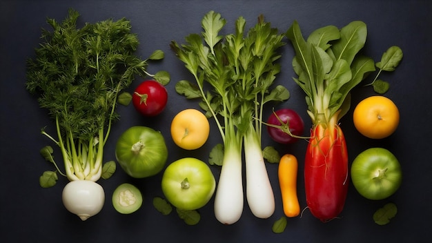 Верхний вид свежих зрелых овощей с зеленым на темной поверхности салатная еда овощный зрелый цвет