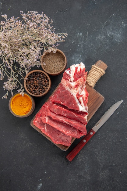 top view fresh sliced meat with seasonings